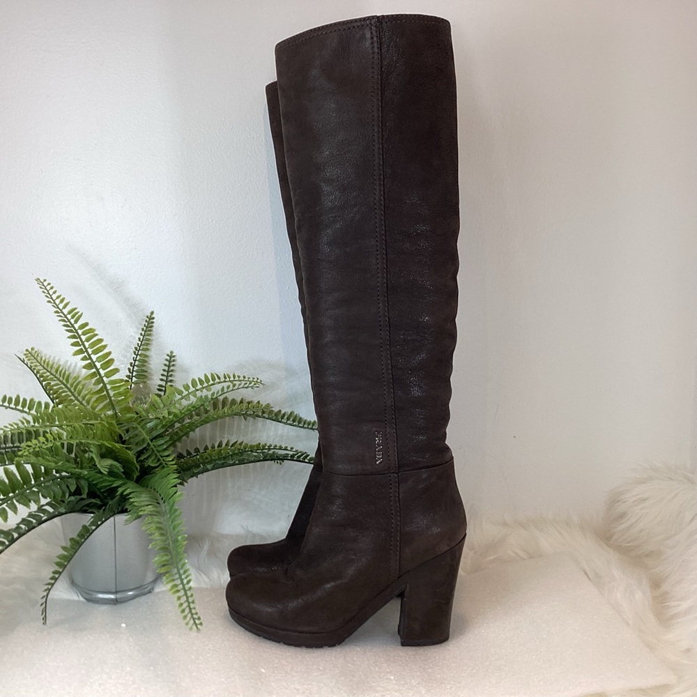 PRADA TALL BOOTS LEATHER CHOCOLATE BROWN BLOCK HEEL SLIGHT SLOUCH SZ 7.5